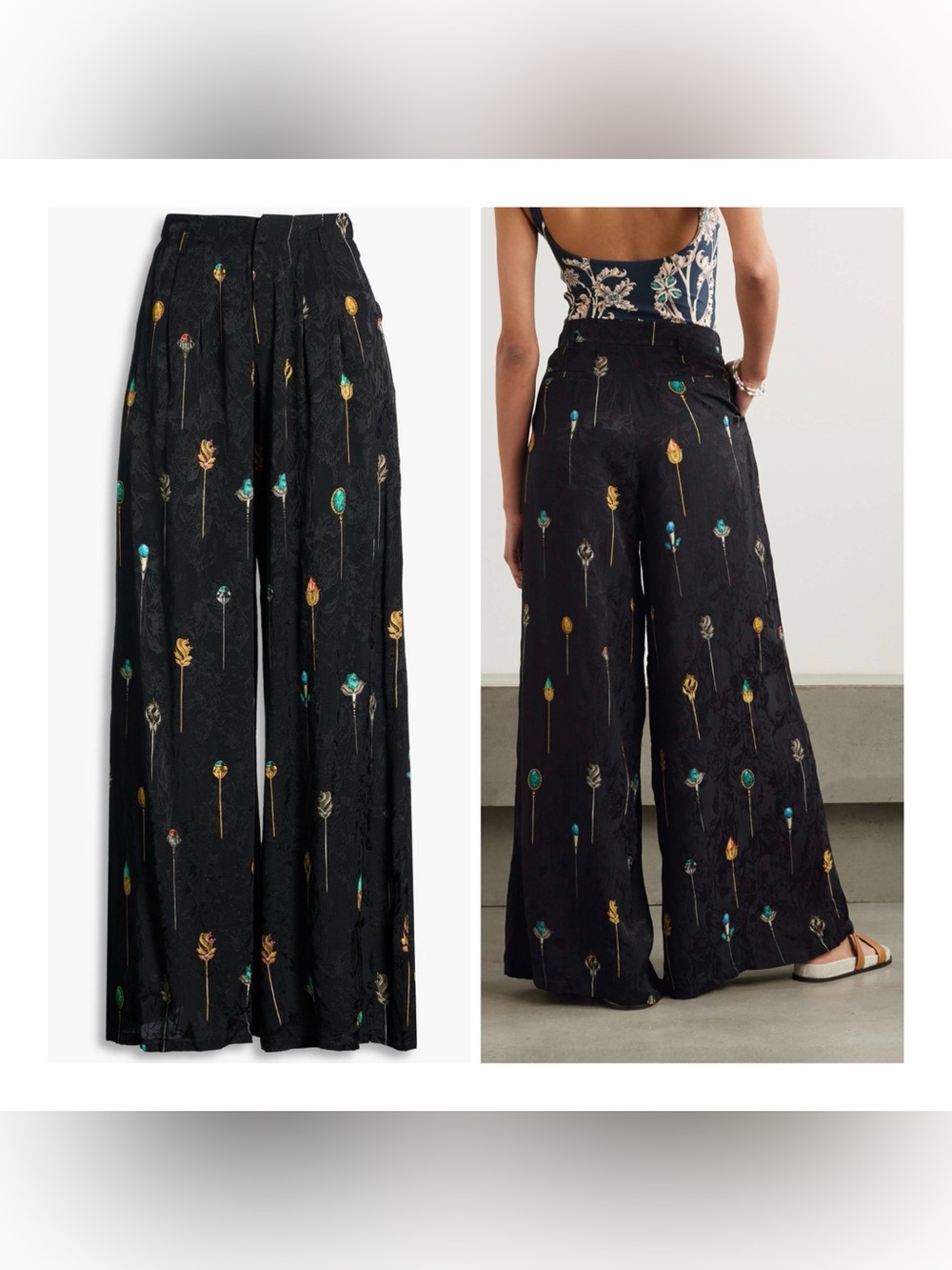 Agua by Agua Bendita Black Wide-Leg Embroidered Palazzo Pants with Jewel Accents